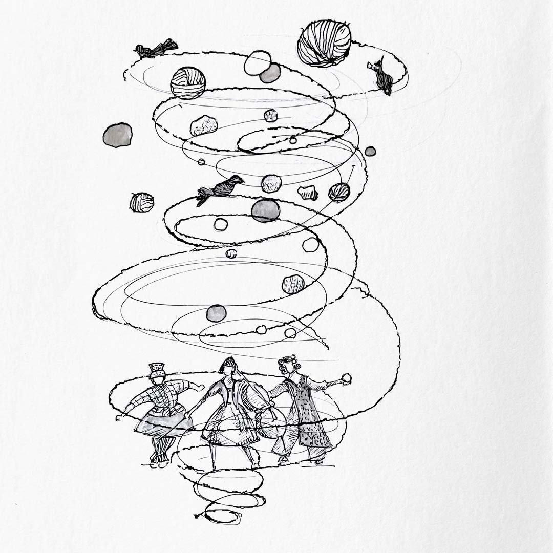 Dessin au crayon : les trois personnages en chemin