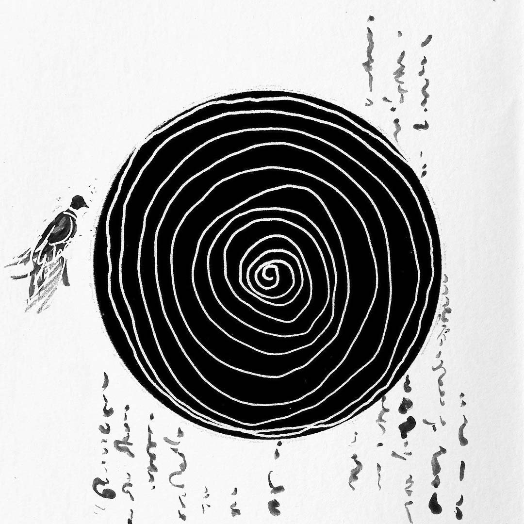 Dessin au crayon : spirale du puits vue d'en haut
